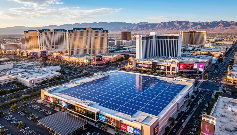 Casino building with solar panel installation on rooftop in Nevada at sunset