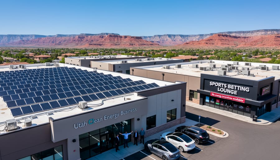 Commercial building rooftop solar panel installation in Utah with mountains in background