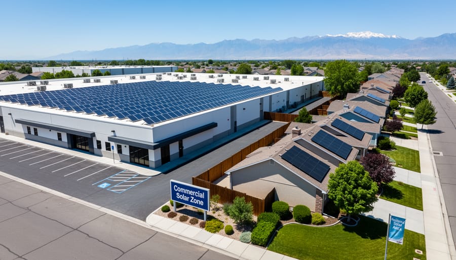 Large-scale solar panel array installed on commercial building rooftop