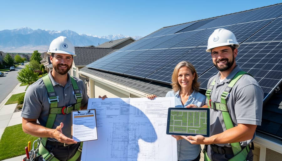 Homeowner and solar contractor discussing rooftop solar panel installation