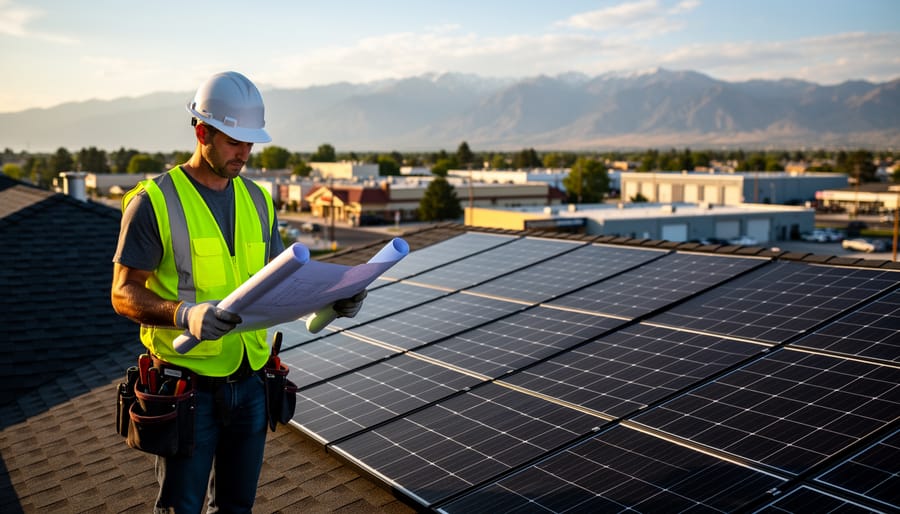 Solar installer reviewing rolled plans next to rooftop solar panels, with blurred homes, small commercial buildings, and distant Wasatch Mountains at golden hour