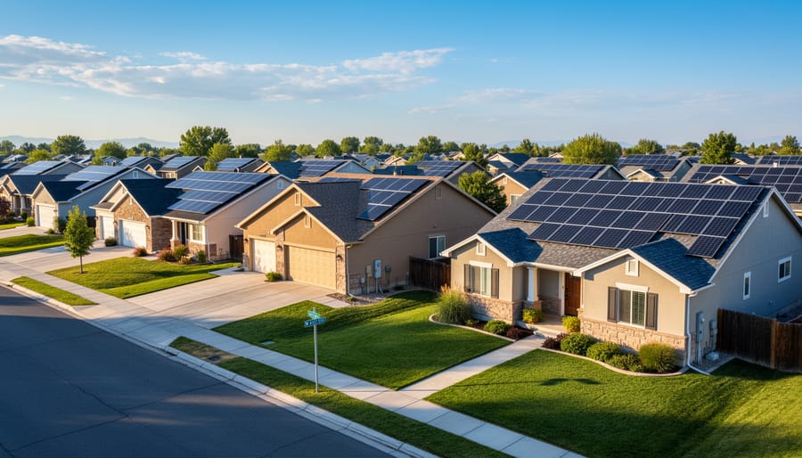 Aerial view of suburban neighborhood with solar panels installed on multiple residential rooftops