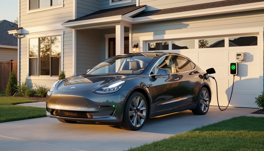 A homeowner plugging a charging cable into an electric vehicle at a residential driveway