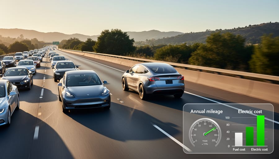Electric vehicle driving on a Utah highway with desert landscape in the distance