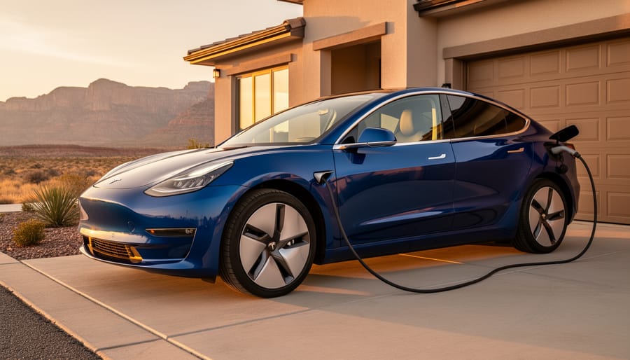 Electric vehicle charging at a residential driveway with sunlight on the charging cable and charging port.