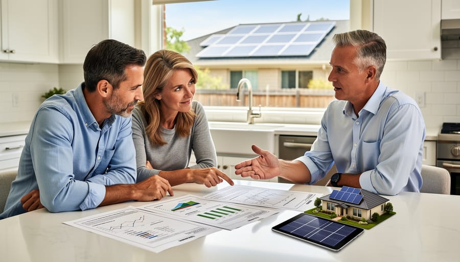 Homeowner and solar contractor discussing solar installation proposal at home