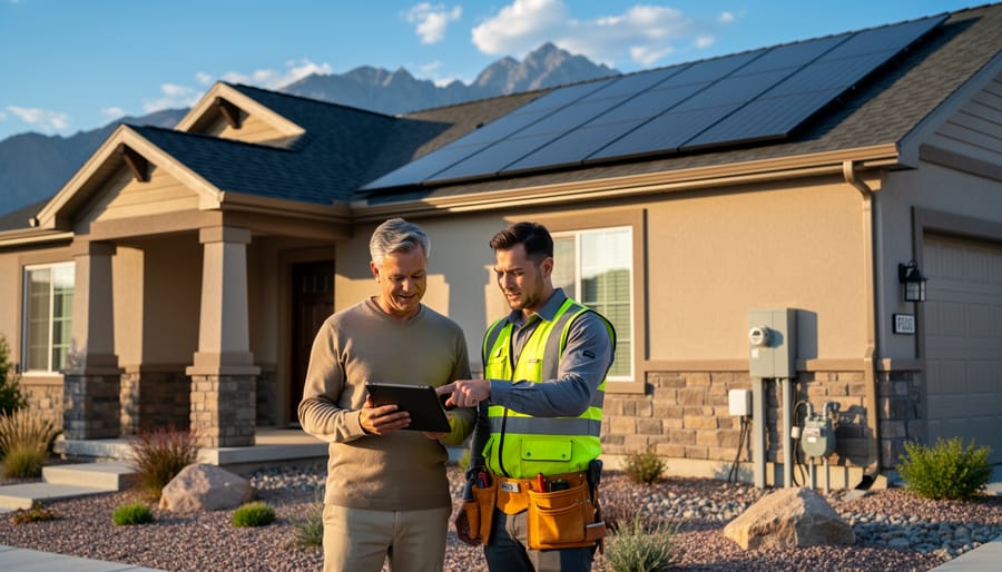 Solar installer showing a tablet to a homeowner in front of a Utah suburban house with rooftop solar panels, warm evening light, xeriscaped yard, and Wasatch mountains in the background.