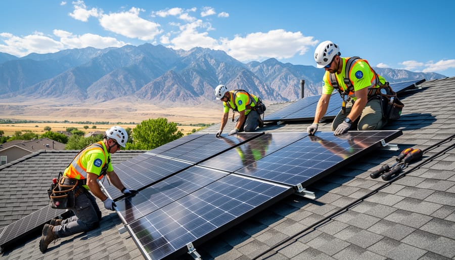 Professional solar installer inspecting residential solar panel installation on Utah rooftop