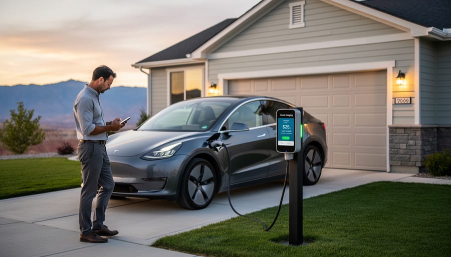 Electric vehicle plugged into a home charging station with a modern driveway in the background.