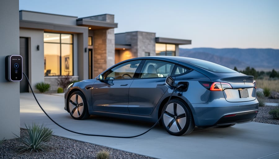 Electric vehicle plugged into a home charging station at a modern Utah driveway during soft evening light.