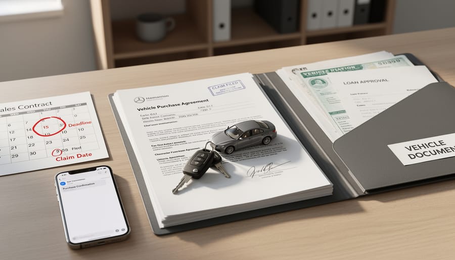 Hands reviewing EV purchase paperwork and a smartphone checklist beside an electric vehicle charging cable.