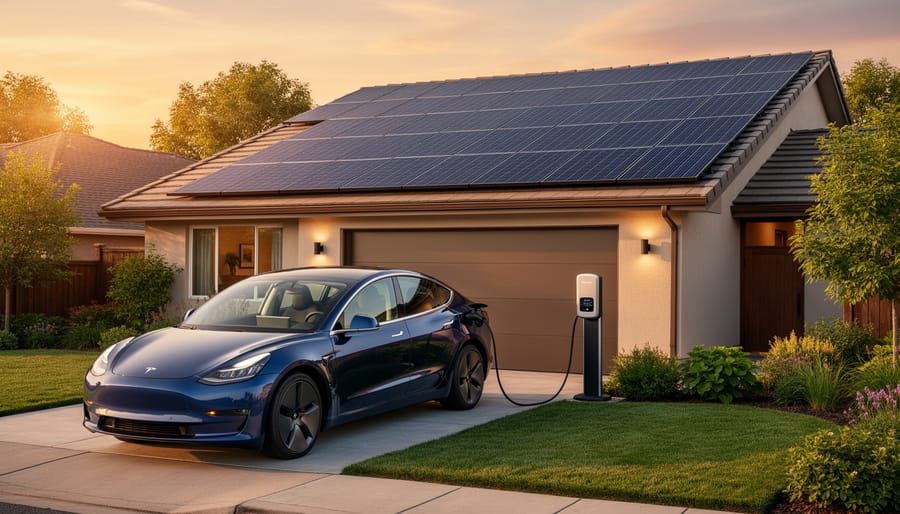 Solar panels on a home roof with an electric vehicle parked in the driveway during golden hour.