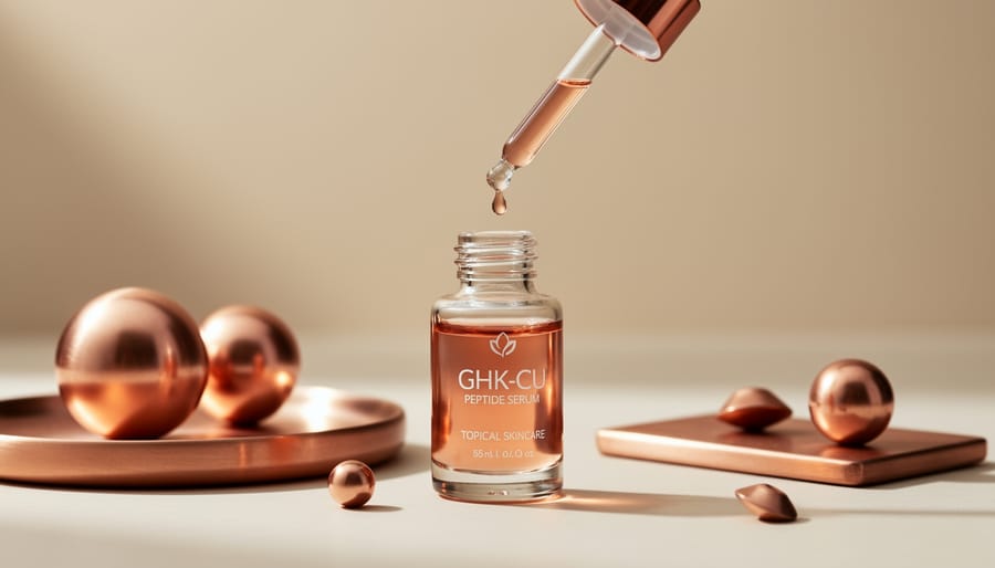 Copper-colored serum dropper and copper wire coils photographed in a clean studio setting.