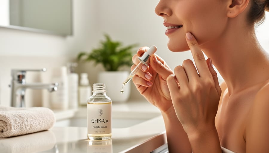 Person applying serum to the cheek and jawline with a gentle skincare motion.
