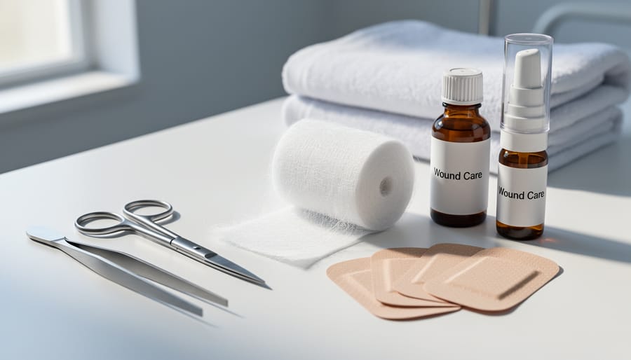 Bandage and gauze pad arranged neatly beside a small bowl of water for a healing-themed scene.