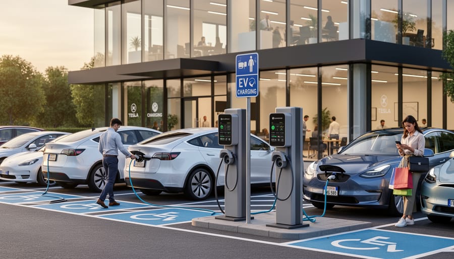 EV charging stations at a small business parking area during golden hour.