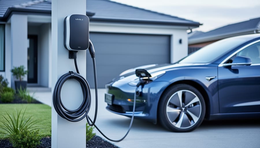 Electric vehicle charging station with a cable connected to a modern electric car in a residential driveway setting.