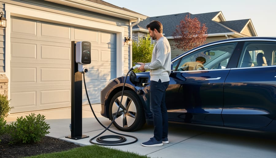 Homeowner connecting an electric vehicle charging cable at a residential charging station.