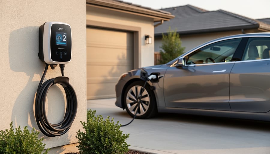 Electric vehicle charging station in a residential driveway beside a parked electric car.