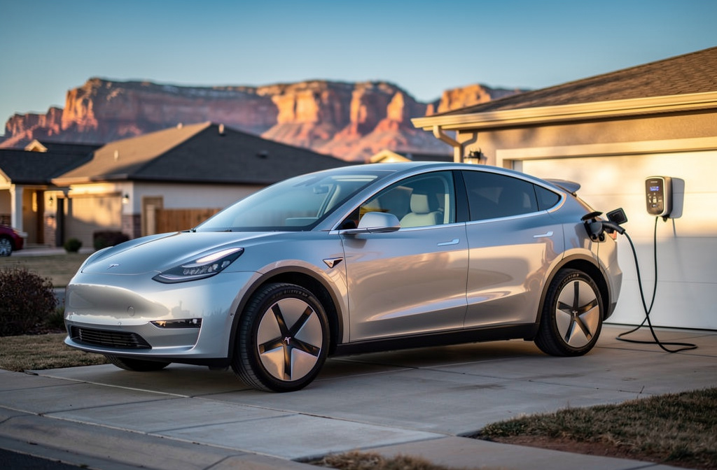 Electric SUV parked at home with charging cable connected to a wall outlet.