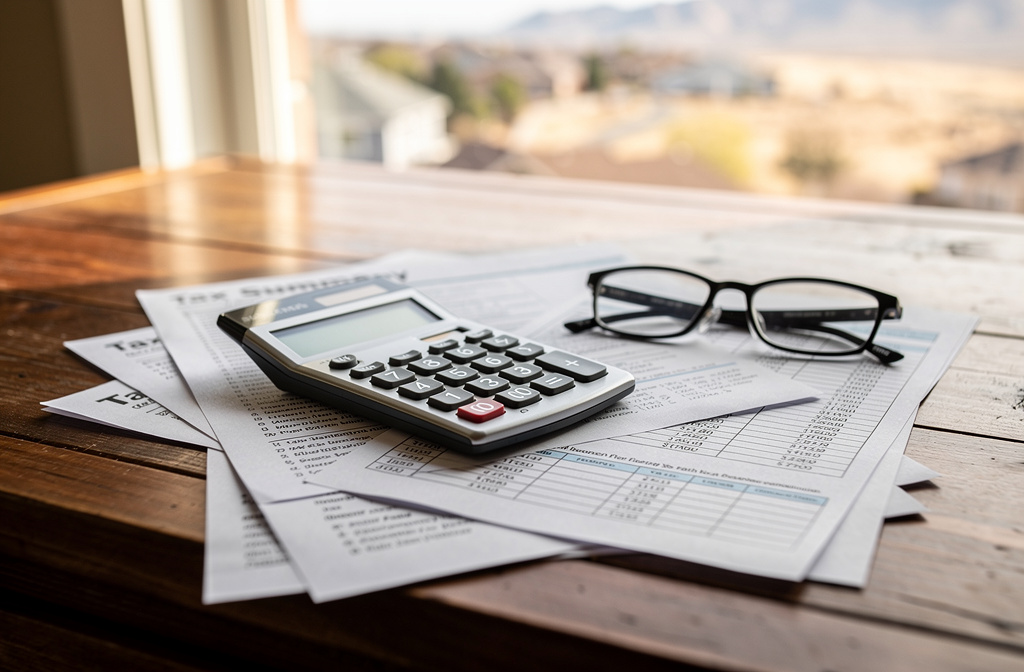 Calculator and tax documents on a wooden desk with eyeglasses nearby.